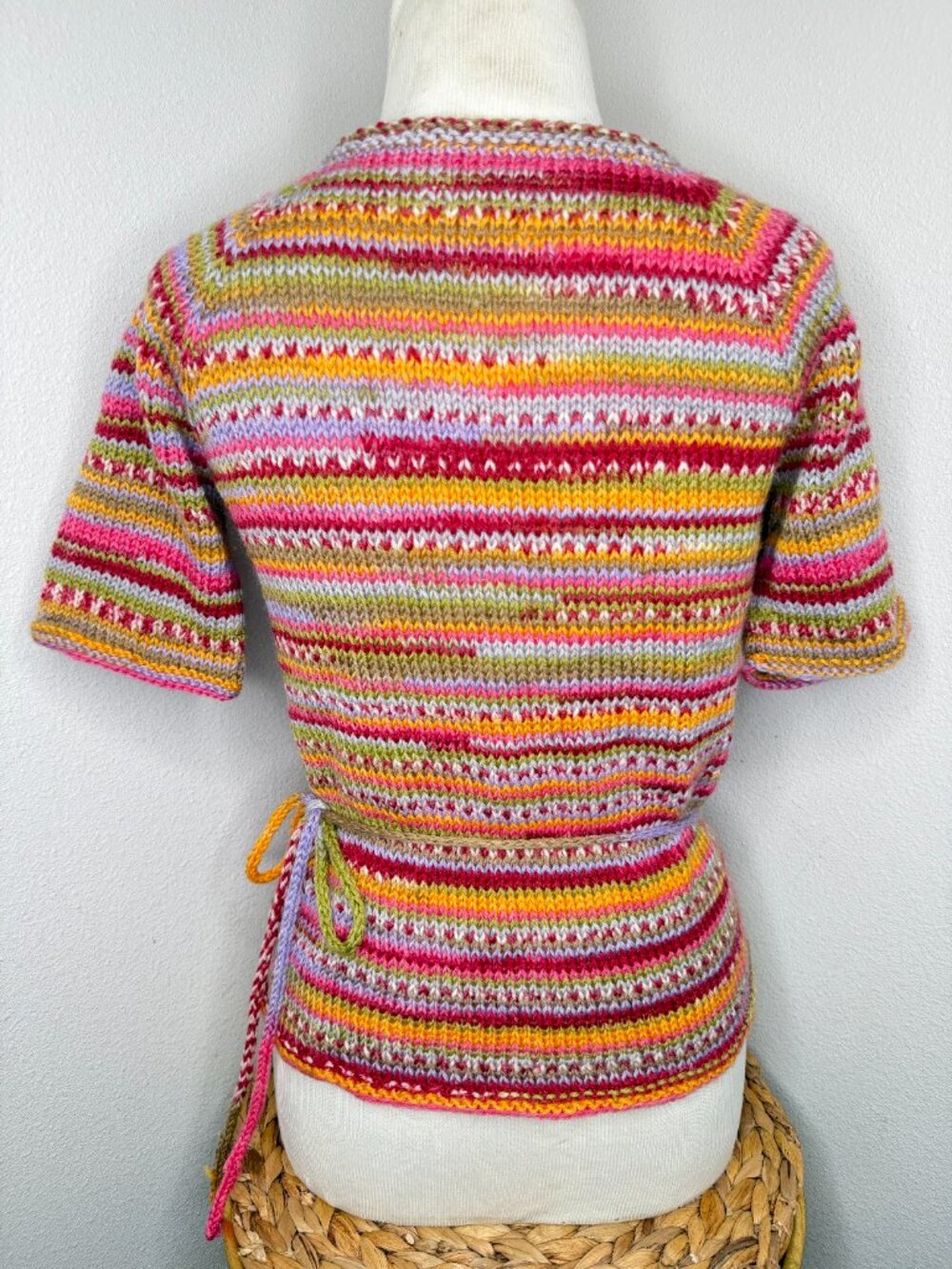 Handmade Knit Multi Color Wrap Short Sleeve Sweater Top V Neck Tie Closure - Picture 4 of 5